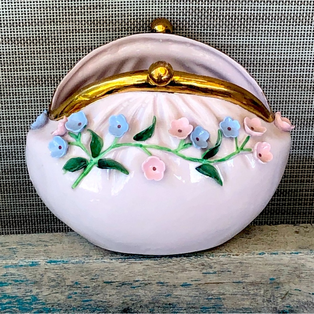Vintage Lefton China Porcelain Purse Shaped Vase Raised Flowers Cottagecore